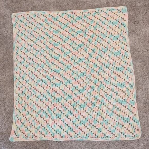 Handmade Crochet Pastel Orange Green Yellow White Striped Baby Lap Blanket 40x44 - Picture 3 of 4